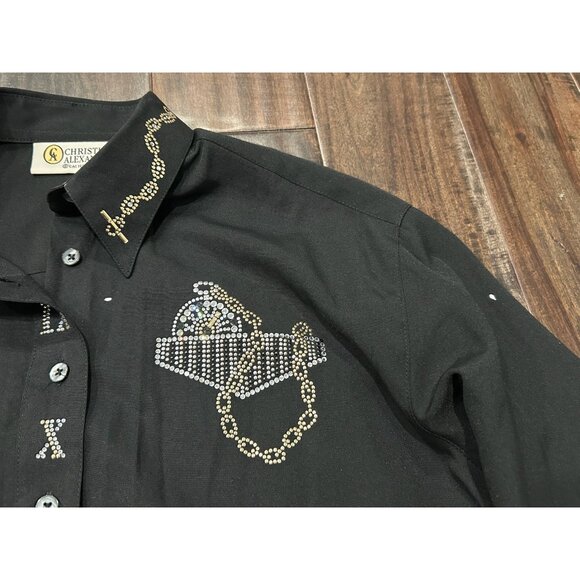 Vintage Christine Alexander Small Black Button-Up Shirt Watch Chain Embroidered - Picture 7 of 10